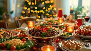 ai gerado caloroso e convidativo jantar cena, exibindo uma festivo iftar encontro às casa com cópia de espaço foto