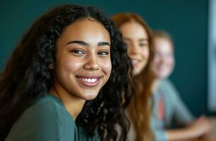 ai gerado jovem mulheres sorridente às a Câmera dentro uma conferência quarto foto