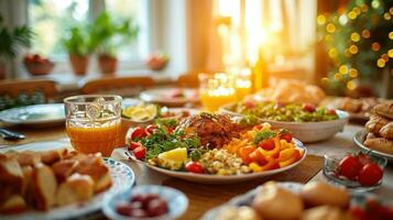 ai gerado caloroso e convidativo jantar cena, exibindo uma festivo iftar encontro às casa com cópia de espaço foto