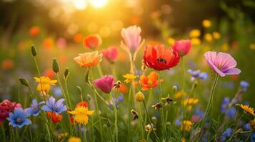 ai gerado flores silvestres, zumbido abelhas, e uma vibrante Sol trazer primavera animado espírito foto