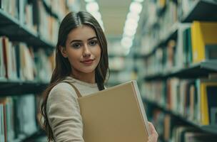 ai gerado mulher segurando uma pasta dentro dela braços e em pé perto estantes de livros foto