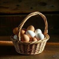 ai gerado a esvaziar cesta segurando branco, marrom, e misturado ovos foto