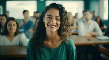 ai gerado mulher sorridente dentro Sala de aula com muitos de outros alunos por aí dela foto