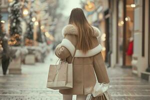 ai gerado jovem menina caminhando com dela compras bolsas dentro a rua foto