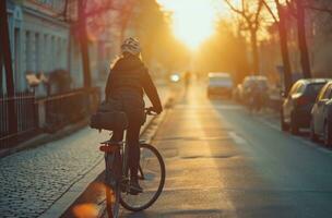 ai gerado uma senhora equitação uma bicicleta baixa uma rua às nascer do sol foto