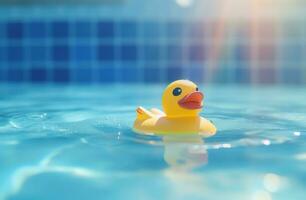 ai gerado uma borracha Pato dentro a piscina com alguns Sol luzes foto