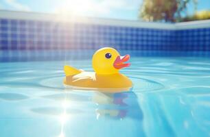 ai gerado uma borracha Pato dentro a piscina com alguns Sol luzes foto