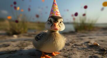 ai gerado uma pequeno Pato vestindo uma festa chapéu foto
