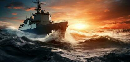 ai gerado uma militares navio viajando em a água às pôr do sol foto