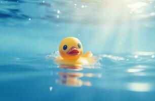ai gerado uma bebê borracha Pato é flutuando em uma piscina foto