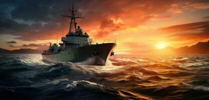 ai gerado uma militares navio viajando em a água às pôr do sol foto