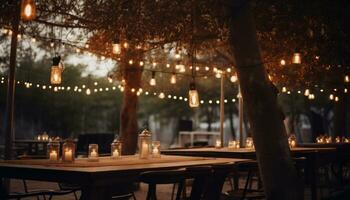 ai gerado jantar mesas debaixo uma luzes em uma cobertura coberto dentro árvores foto