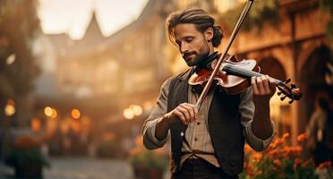 ai gerado uma homem com uma violino jogando dentro uma cidade foto