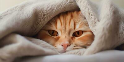 ai gerado gato deitado baixa dentro uma cobertor em uma cinzento fundo com patas estendido foto