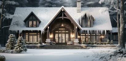 ai gerado uma rústico casa dentro uma branco Nevado inverno cena foto