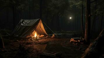 ai gerado acampamento, solitário barraca dentro a floresta às meia-calça foto