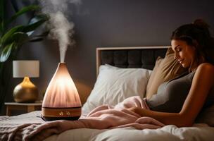 ai gerado essencial óleo difusor vapor vapor cama dentro quarto foto