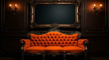 ai gerado a laranja sofá com uma quadro, Armação exibido em a ornamentado parede foto
