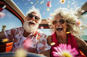ai gerado a idosos casal rindo enquanto dirigindo dentro uma carro foto