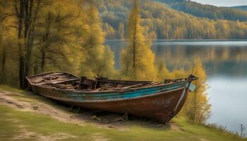 ai gerado uma barco é sentado em a costa do uma lago foto