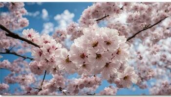 ai gerado cereja flores em uma árvore dentro frente do uma azul céu foto