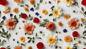 ai gerado colorida flores arranjado em uma branco superfície foto