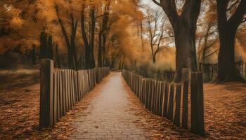 ai gerado uma caminho dentro a madeiras com uma cerca e árvores foto