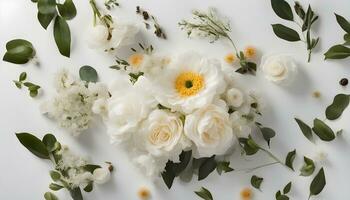 ai gerado branco flores arranjado em uma branco superfície foto