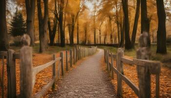 ai gerado uma caminho dentro a madeiras com árvores e folhas foto