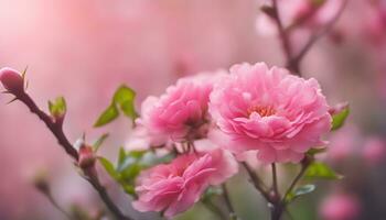 ai gerado Rosa flores estão florescendo dentro uma campo foto