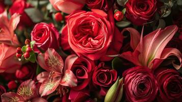 ai gerado buquês do vermelho rosas, delicado lírios, e aromático pétalas foto