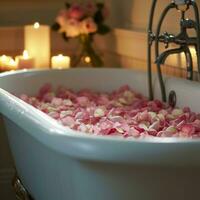 ai gerado cheio de pétalas de rosa banheira, velas, e aromático essencial óleos foto