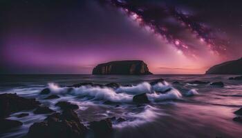 ai gerado uma roxa céu com estrelas sobre uma rochoso de praia foto