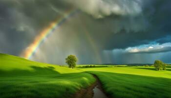 ai gerado arco Iris sobre verde campo com árvores e Relva foto