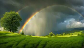 ai gerado arco Iris sobre verde campo com árvores e Relva foto