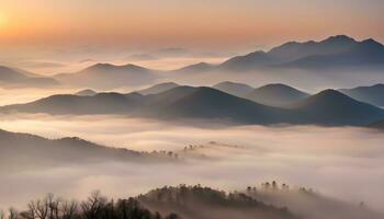 ai gerado uma Visão do montanhas coberto dentro névoa às nascer do sol foto