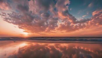 ai gerado uma pôr do sol sobre a oceano com nuvens refletido dentro a água foto