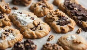 ai gerado chocolate lasca biscoitos com nozes e chocolate salgadinhos foto