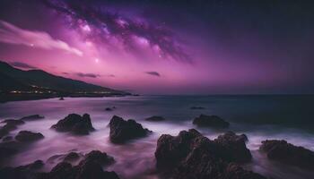 ai gerado a leitoso caminho sobre a oceano às noite foto