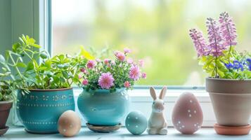 ai gerado em vaso flores, Páscoa ovos, e miniatura Coelho decoração foto