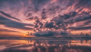 ai gerado uma lindo pôr do sol sobre a oceano com nuvens refletido dentro a água foto