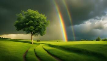 ai gerado uma arco Iris é visto sobre uma campo com uma árvore foto