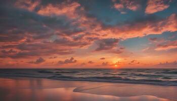 ai gerado uma lindo pôr do sol sobre a oceano e de praia foto