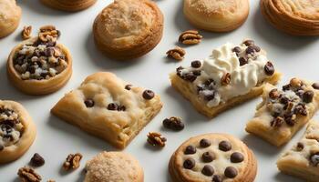 ai gerado uma variedade do biscoitos e pastelaria em uma branco superfície foto