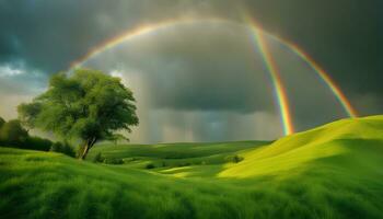 ai gerado arco Iris sobre verde gramíneo colinas com árvores foto