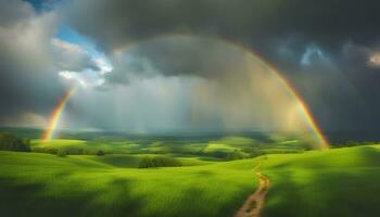 ai gerado uma arco Iris é visto sobre uma verde campo com uma caminho foto