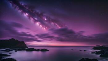 ai gerado uma roxa céu e uma roxa céu sobre a oceano foto