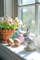 ai gerado em vaso flores, Páscoa ovos, e miniatura Coelho decoração foto