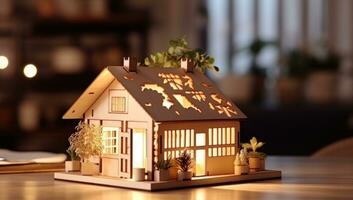 ai gerado uma de madeira casa modelo em uma de madeira mesa com vegetação foto