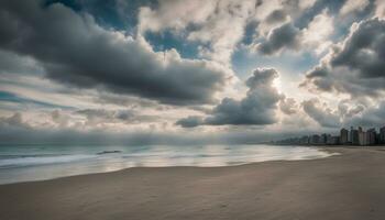 ai gerado uma de praia com nuvens e uma cidade Horizonte dentro a fundo foto